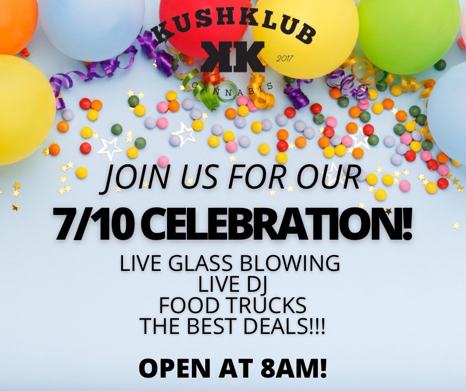 kushklubco's tweet image. COME CELEBRATE 7/10 WITH US TOMORROW! LIVE DJ AND GLASSBLOWING! 🥳 #cannabis #cannabisculture #CannabisCommunity #weed #WeedLovers #dispensary #shoreline #seattle #follow
