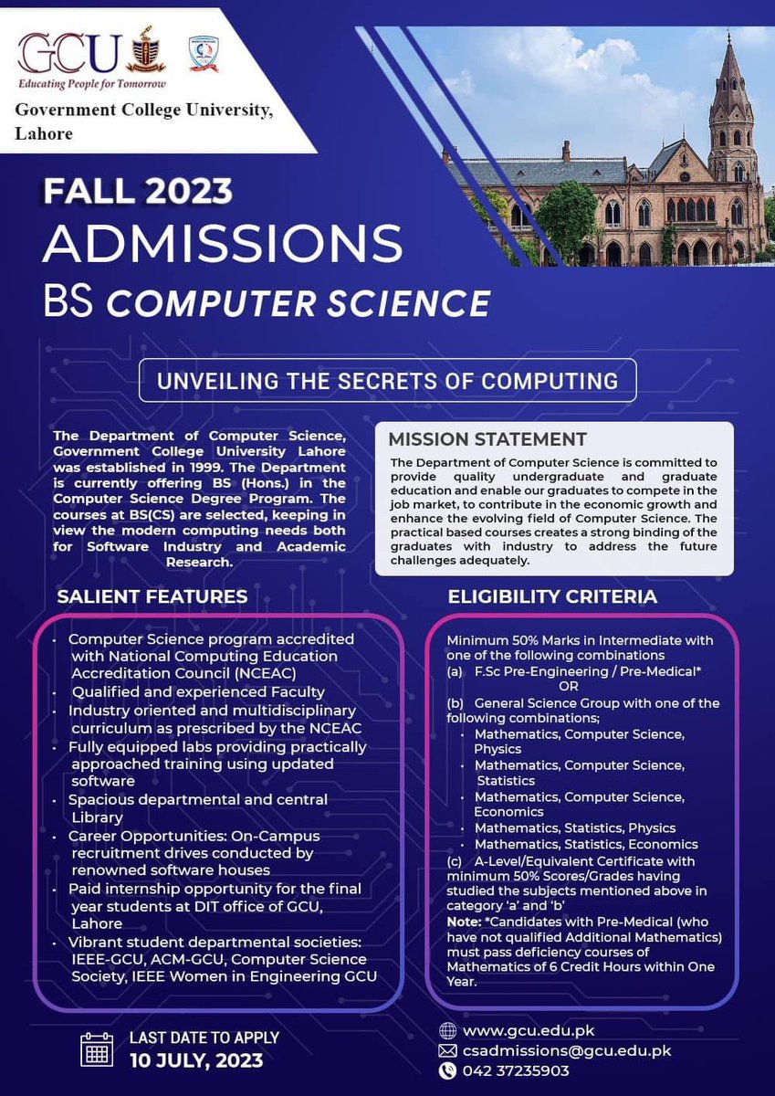 zaidia's tweet photo. The Department of Computer Science at Government College University (GCU), Lahore is committed to providing high-quality education in the field of computer science. Our 4-year Bachelor's degree in Computer Science is a well-recognized program that prepares students for a career in the academia and software industry.

Bachelor of Science in Computer Science (BSCS) program is designed to provide students with a strong foundation in the practical aspects of computer science. It covers a wide range of subjects related to computing, including programming, algorithms, data structures, computer architecture, software development, databases, operating systems, networking, and artificial intelligence, among others.

The program aims to equip students with the necessary skills and knowledge to pursue a successful career in the software industry. By completing projects, participating in internships, and engaging in in-class training, students can gain practical experience and develop their problem-solving, critical thinking, and programming skills.

Moreover, a Bachelor of Computer Science program typically keeps up with the latest advancements in technology and exposes students to emerging fields and technologies. This allows students to stay updated with current trends and developments in the industry. Some of these high-demand fields may include areas such as cybersecurity, machine learning, data science, cloud computing, mobile app development, and web development, to name a few.

Overall, a Bachelor of Computer Science program offers a comprehensive education in computer science, preparing students for a variety of career paths in the software industry. It provides a strong foundation that can be built upon through further education or specialized training, depending on the individual's interests and career goals.