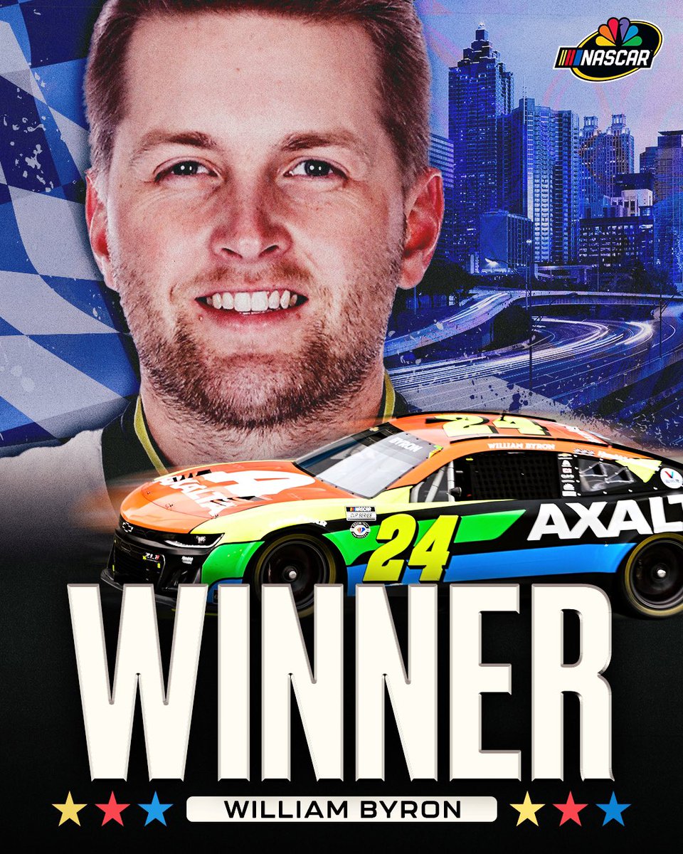 NASCARonUSA's tweet photo. RETWEET to congratulate @WilliamByron!

He wins a rain-shortened race at @ATLMotorSpdwy. #NASCAR https://t.co/2uLArpbH1u
