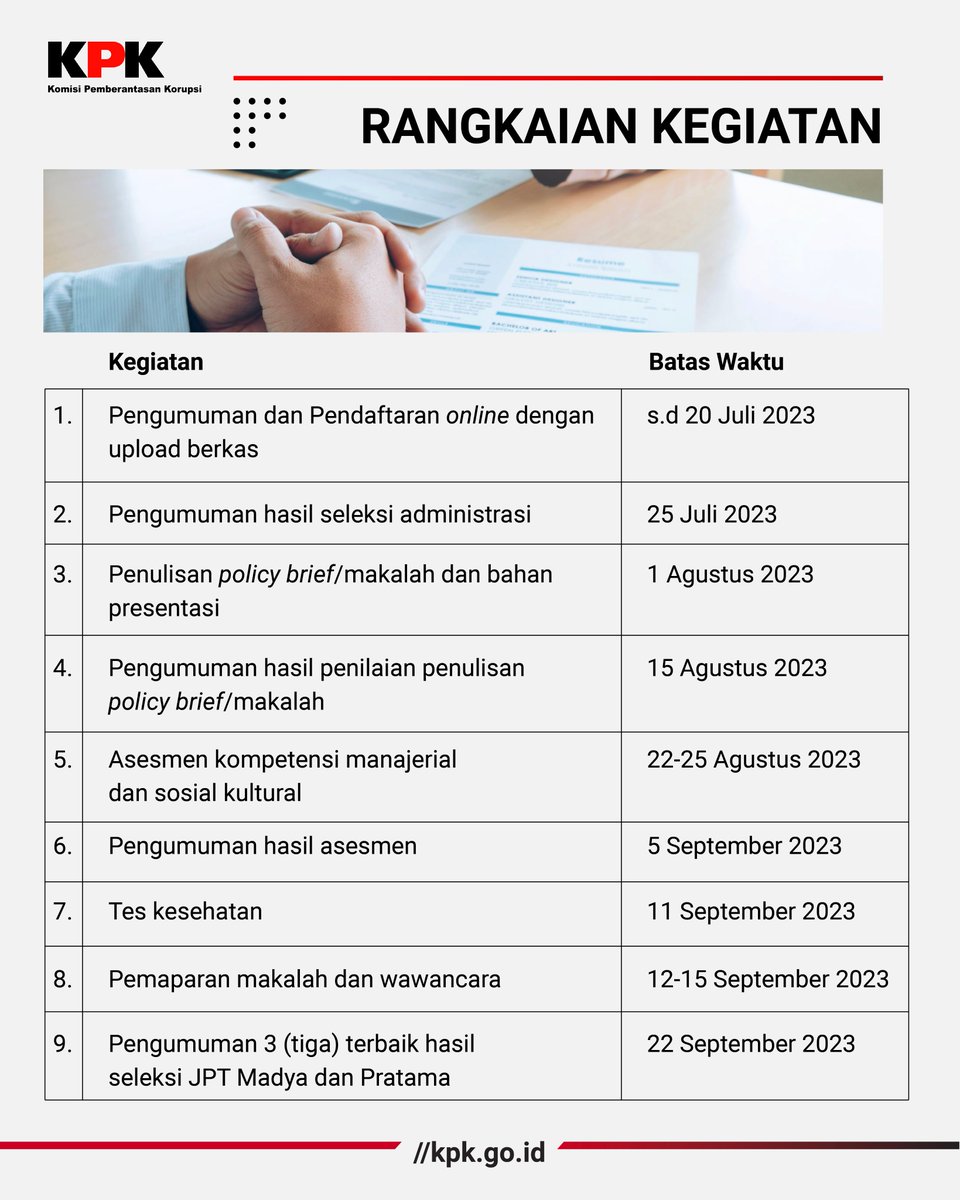 Kami tunggu hingga 20 Juli 2023 Seleksi pendaftaran pada pengisian Jabatan Pimpinan Tinggi (JPT) Madya dan Pratama di lingkungan KPK Tahun 2023
Pendaftaran pada tautan rekrutmen.kpk.go.id
Selengkapnya: rekrutmen.kpk.go.id.
kpk.go.id/id/berita/siar…

#RekrutmenKPK