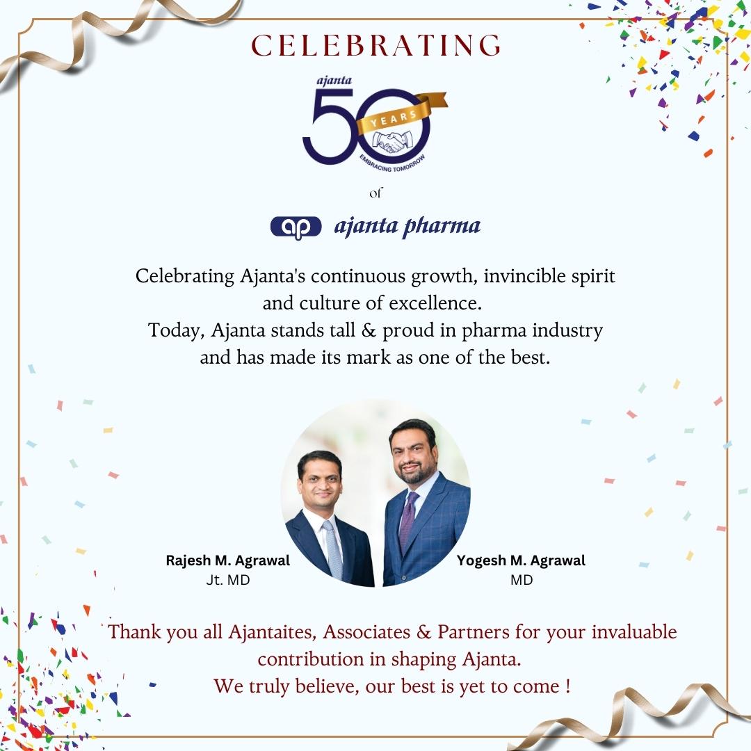 AjantaPharmaLtd's tweet photo. Our 50 years of remarkable journey is not merely measured in years. It is defined by the lives we touch and the transformative impact we make.
#AjantaPharma #MyAjantaMyPride #EmbracingTomorrow #50YearsofAjanta https://t.co/OSMC8ZD87f