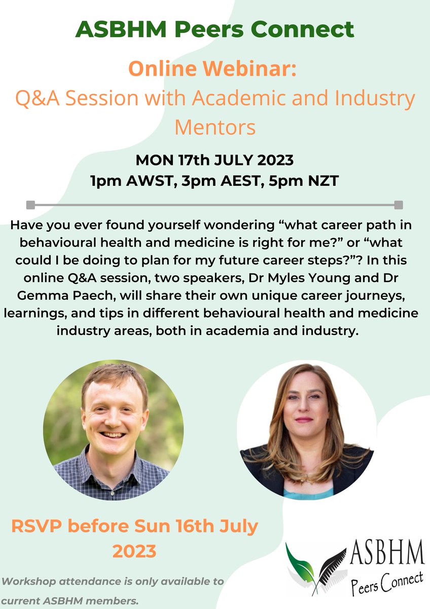 ASBHM members, this one is for you! Don't miss out on our online webinar next Monday 17th July at 3pm AEST with Dr Myles Young (UoN) and Dr Gemma Paech (UniSA). 

RSVP here: eventbrite.com.au/e/asbhm-peers-…