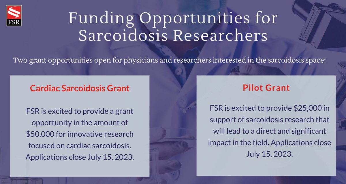 StopSarcoidosis's tweet photo. Only a few days left to apply for FSR's 2 grant opportunities for physicians and researchers interested in the #sarcoidosis space! Applications close July 15, 2023.
 
Cardiac Sarcoidosis Grant:  https://t.co/JT484Xe6eb
 Pilot Grant: https://t.co/evmgwo8zYr

#sarctwitter #research https://t.co/4ayfgRXQmu
