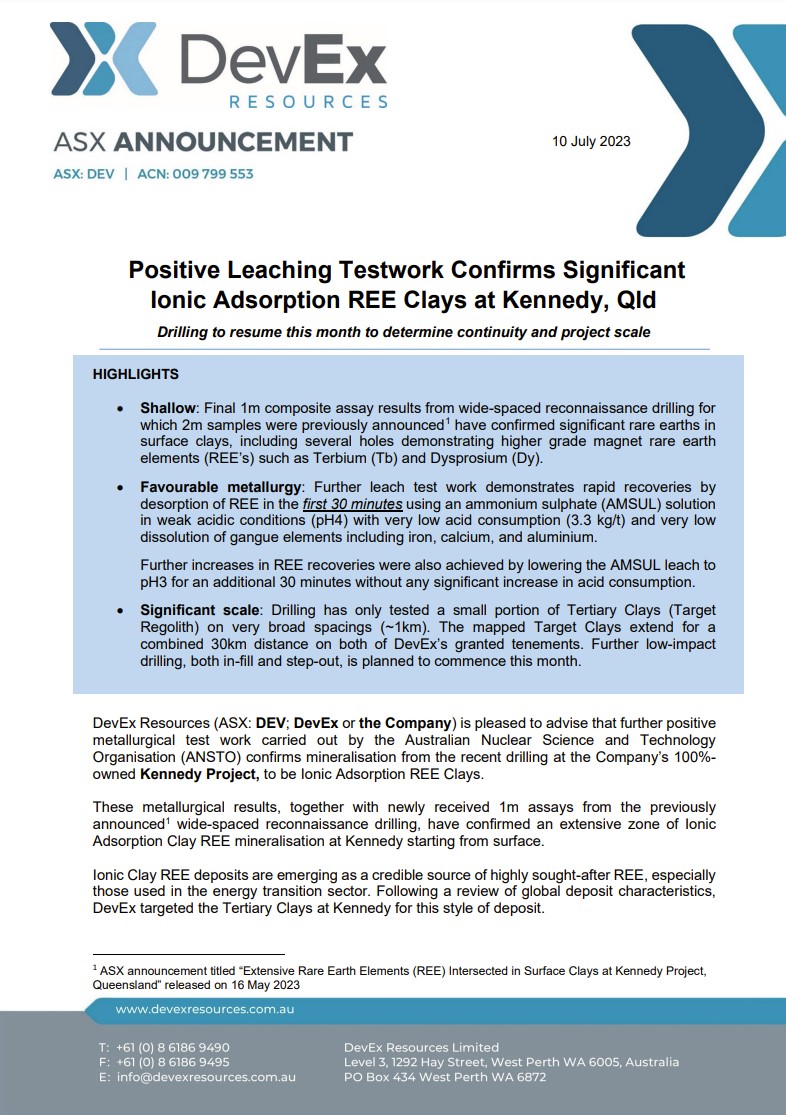 RR_Stars's tweet photo. .@DevExResources advised that positive leaching test work carried out by the #ANSTO confirms mineralisation from the recent #drilling at the Kennedy Project, to be Ionic Adsorption #REE Clays.

https://t.co/a3TUD4bVR5

#DEV #RareEarths #testwork #investors #ASXNews https://t.co/FUCJKaqKWf