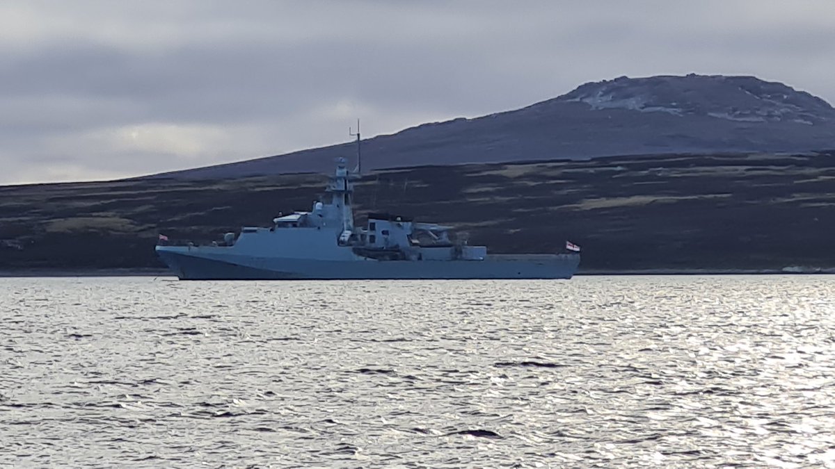 Our thanks to @HMS_Medway who anchors as a sentinel, just outside Stanley Harbour, before the narrows, as our guardship. @RoyalNavy @NavyLookout @thinkdefence