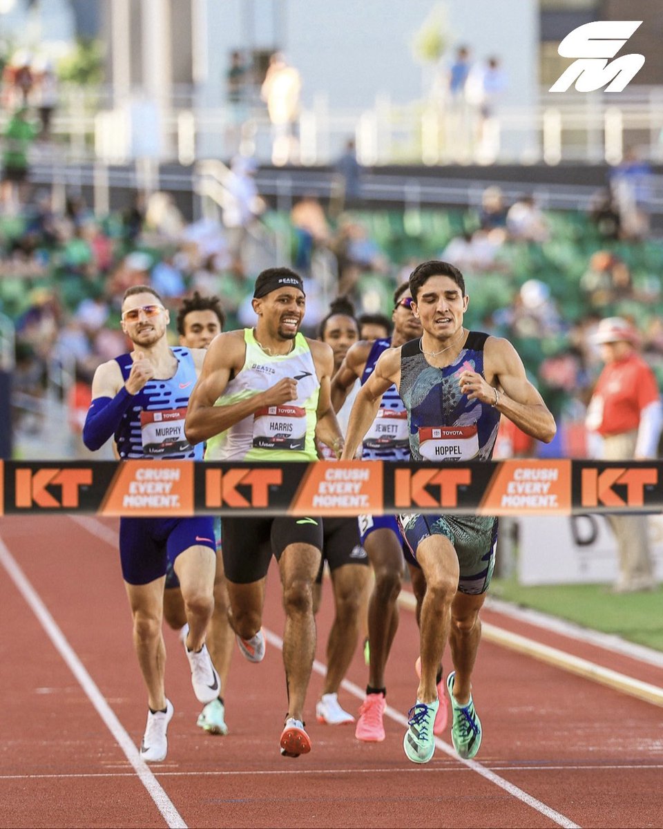 CitiusMag's tweet photo. Turning the track into a cage match! 😱
 
In one of the most physical 800m races you’ll ever see, experience wins out as @BryceHoppel defends his U.S. title in 1:46.20.
 
Veteran racers Isaiah Harris and Clayton Murphy crossed the line 2nd and 3rd and, pending any appeals, will head to Budapest with him.