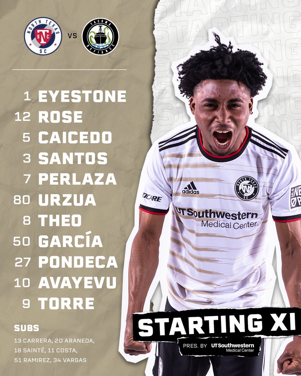 northtexasSC's tweet photo. How we'll start in Washington:

©️ Hope's back in the XI and captains the side
👁️🪨 Eyestone returns between the sticks
🇭🇹 Carl is back from the Gold Cup and on the bench

📺 : https://t.co/XWC3Xf1qKY https://t.co/yPbAsrR16k