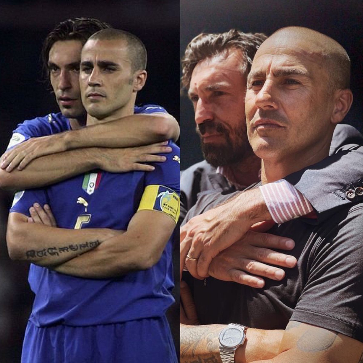La imagen de la izquierda es de hoy justo hace 17 años. Andrea Pirlo abraza a Fabio Cannavaro justo antes de que Fabio Grosso anotara el penal que coronaría a Italia campeón del Mundo 2006.

Y justo en el aniversario de esa foto y esa final, Pirlo y Cannavaro rememoraron esa