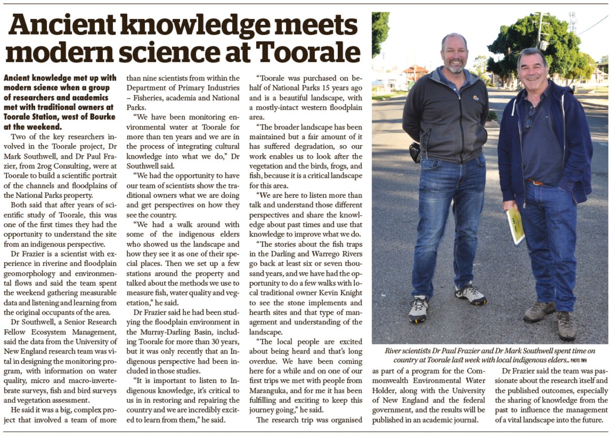 Dr Paul Frazier and Dr Mark Southwell met up with Bourke's Western Herald Newspaper and Rod Corfe from Radio 2WEB to discuss the recent Culture to Science day at Toorale, a part of the Warrego-Darling Flow-MER project. 2rog.com.au/news/bourke-ne…