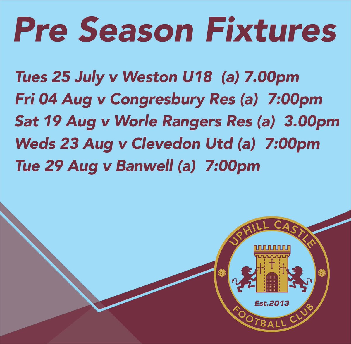 ClevedonAFC's tweet photo. Preseason News 🗞️🎙️ 

Following on from our 1st team getting their preparations underway, we are excited to announce the Preseason schedule for #UCFC Reserves 

The boys are already back training and are excited to push on from a great season last year 🙌🏻 

#UpTheCastle 🏰⚽️ https://t.co/gdXAYqfNXc