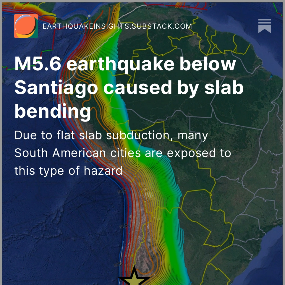 JudithGeology's tweet photo. A few hours ago, amny people in Santiago, Chile felt an earthquake. Why? The city sits above a subduction zone, and the slab below broke. Today's quake was not damaging, but historical quakes have been much larger, and killed thousands.  

1/ https://t.co/5Rdn2MSaOb