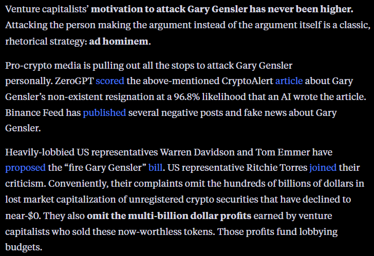 NotChaseColeman's tweet photo. The VC funds that are spending millions lobbying against Gensler for seeking to regulate CEX's and unregistered securities are leveraging profits they made rug pulling unregistered securities. Explains the fake news from mainstream crypto media. Funny, isn't it? https://t.co/xxY2kWa3v6