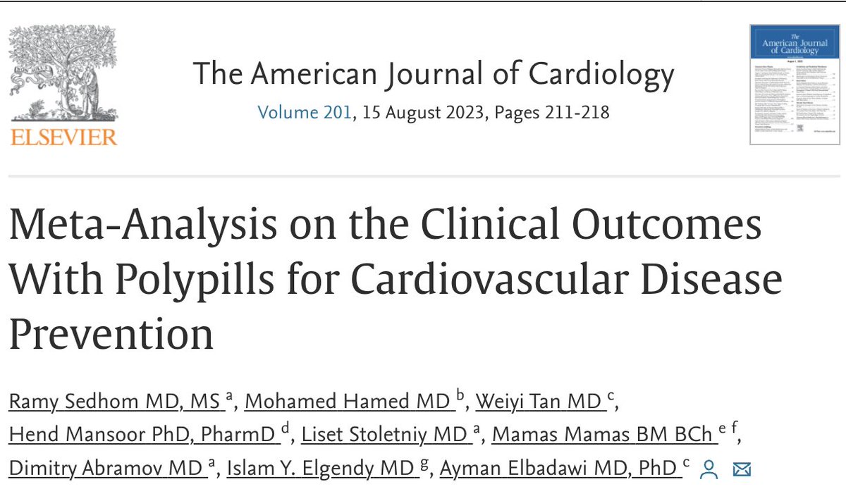 Our #metanalysis of 11 #RCTs examined the outcomes of #polypills in CVD prevention. #Polypill strategy was associated with
👉 ⬇️ MACCE, both in 1ry and 2ry prevention
👉 ⬇️ CV mortality
👉 ⬇️ MI
👉 ⬇️ stroke
👉 ⬆️ adherence
👉 ↔️ side effects

doi.org/10.1016/j.amjc…