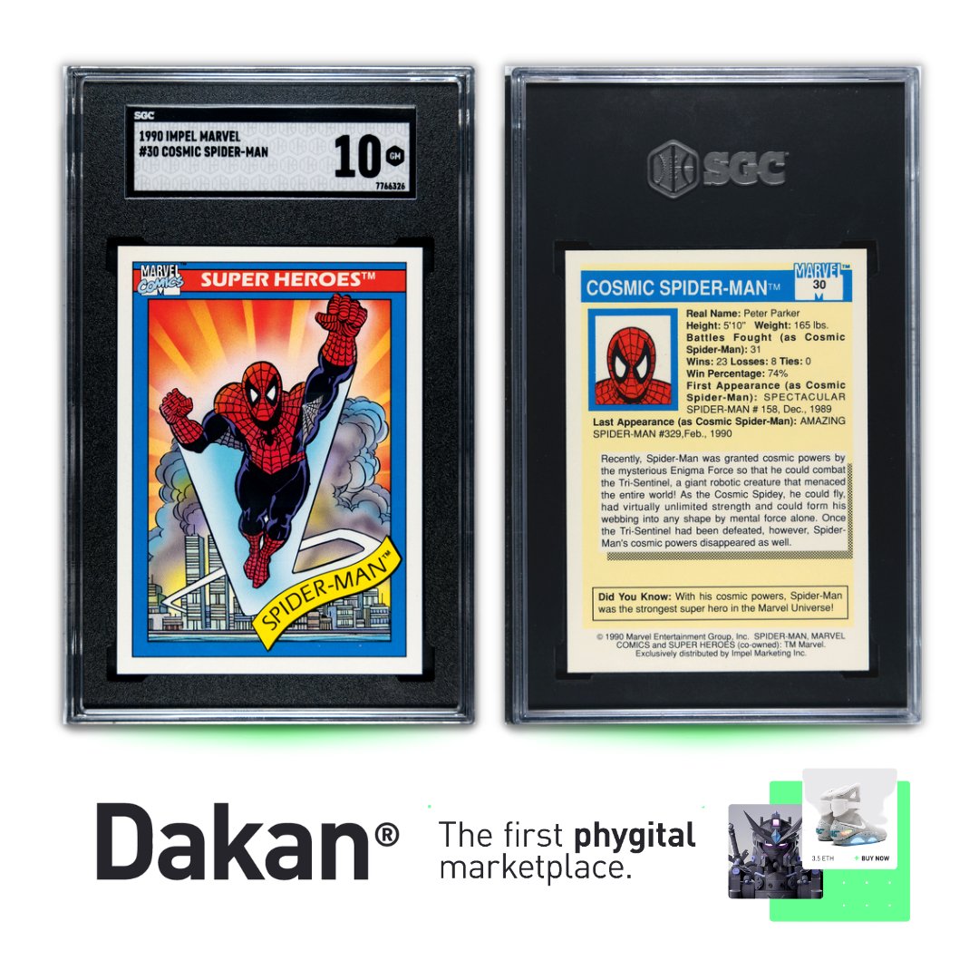 dakan_io's tweet photo. Dakan Vaulted #Phygital✨1990 Impel Marvel #30 Cosmic Spider-Man -- 10 GM 💎ID # 7766326. Spider-Man Collector's Rookie Chase Card right here! 👀🔥

#dakan #phygital #collectible #marketplace #collector #community https://t.co/LEXulSutGU