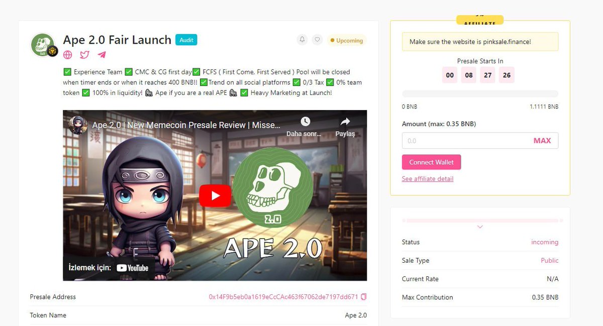 Ape20Bsc's tweet photo. Last 8 hours and 30 minutes until fairlaunch goes live!
 Soft cap 1.1111 bnb | Max buy .35 BNB

https://t.co/Hr3VpSkI4b https://t.co/Xms0qF9oDC