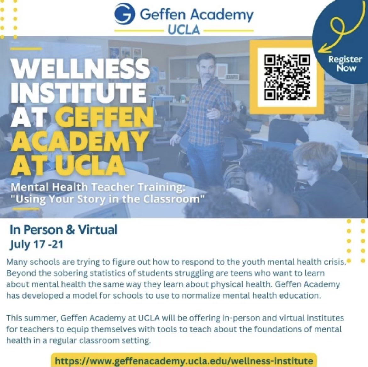 zakwilliams's tweet photo. For anyone in the education sector seeking to learn more about mental health support training, there's an incredible in-person and virtual teacher training occurring at the @GeffenAcademy put on by the amazing @RossESzabo from  July 17th - 21st. You can register through the link below: https://t.co/93dtphii4s