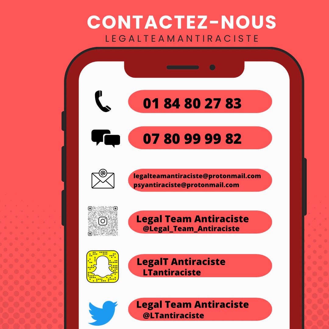 Vous avez été blessé par la police lors des mobilisations pour Nahel ? 
Vous avez été interpellé durant ces mobilisations?
Vous êtes convoqué par la police dans le cadre de ces mêmes mobilisations?
La legal team antiraciste vous écoute et vous aide à préparer votre défense: