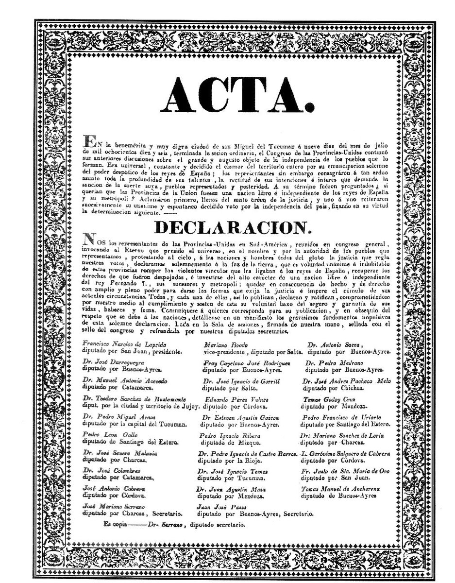 🔴
Avui 9 de juliol, Argentina es declara independent.
▶️"Es voluntad unánime e indubitable de estas Provincias romper los violentos vínculos que los ligaban a los reyes de España". 
Un #PutaEspanya com una catedral.