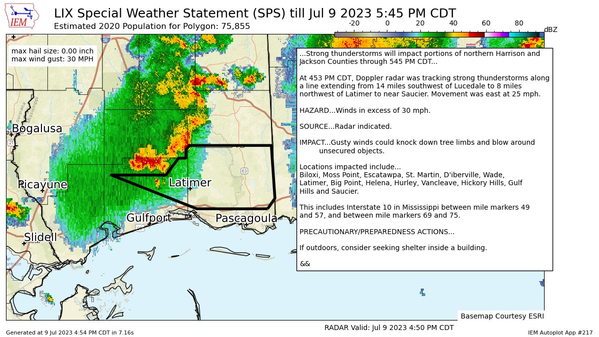 Strong thunderstorms will impact portions of northern Harrison and Jackson Counties through 545 PM CDT [wind: 30 MPH, hail: 0.00 IN] for Northern Harrison, Northern Jackson, Southern Harrison, Southern Jackson [MS] mesonet.agron.iastate.edu/p.php?pid=2023…