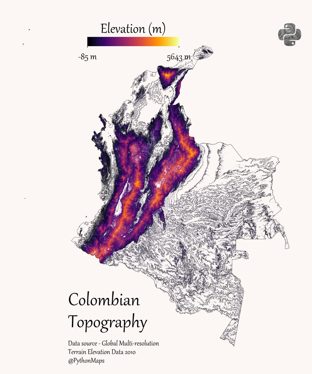 PythonMaps's tweet photo. Contour line map of Colombia. I used 50m contours and created the dataset with GDAL.
#Datavisualization #Geography #Colombia https://t.co/TakEYYhXmb