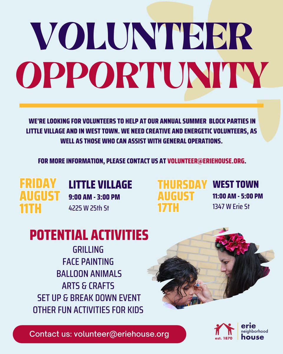 eriehouse's tweet photo. Our annual summer block party is around the corner! We need creative &amp; energetic volunteers, as well as those who can assist with general operations. Join us in giving the kids at Erie a day to remember! For more info, please contact us at Volunteer@eriehouse.org. https://t.co/e7eu2fkh1U