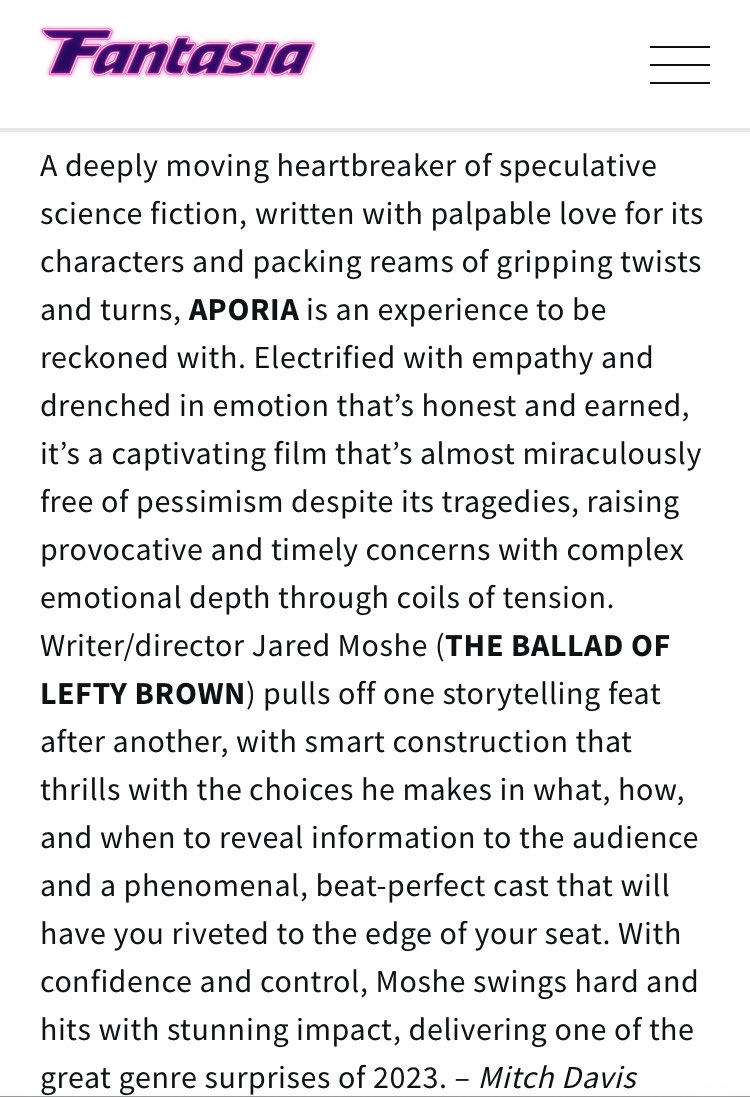jaredmoshe's tweet image. What an incredible write up from Fantasia! APORIA World Premiere 7/27 @FantasiaFest in Montreal!

@armianpictures @tjustinross @DavidLawsonJr