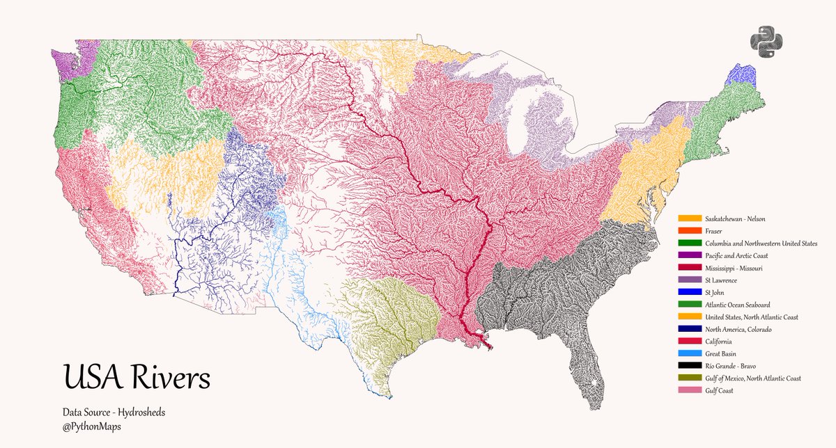 PythonMaps's tweet photo. Here are all of the rivers and waterways in the USA, coloured according to the major hydrological basins they are part of and scaled by their size.  #Matplotlib #Python #DataScience #Data #DataVisualization #USA https://t.co/Y7Fe361tEL