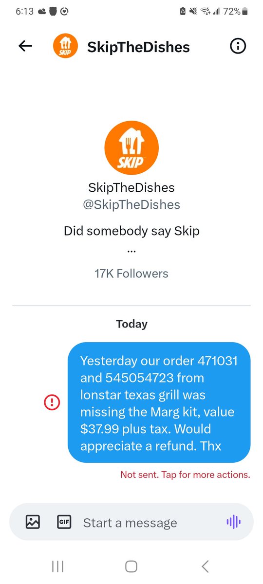 gnboychuk's tweet photo. @SkipTheDishes @lonestartxgrill Tried to DM. Not allowed. Here ya go. https://t.co/FCSdud9xIe