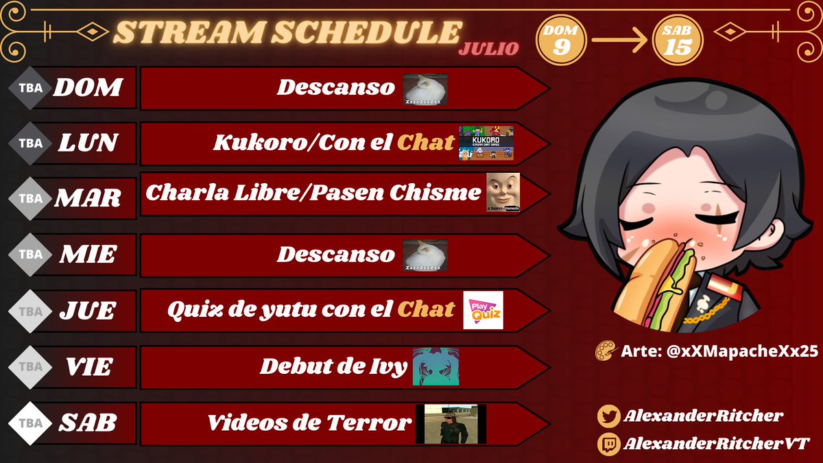 alexanderitcher's tweet photo. Mis reclutas Aquí tienen el Horario para la siguiente Semana
#Vtuber #Vtuberes #VtuberUprsing #schedule #WIIKUa #HailRitcher https://t.co/s1ZjQzi2ot