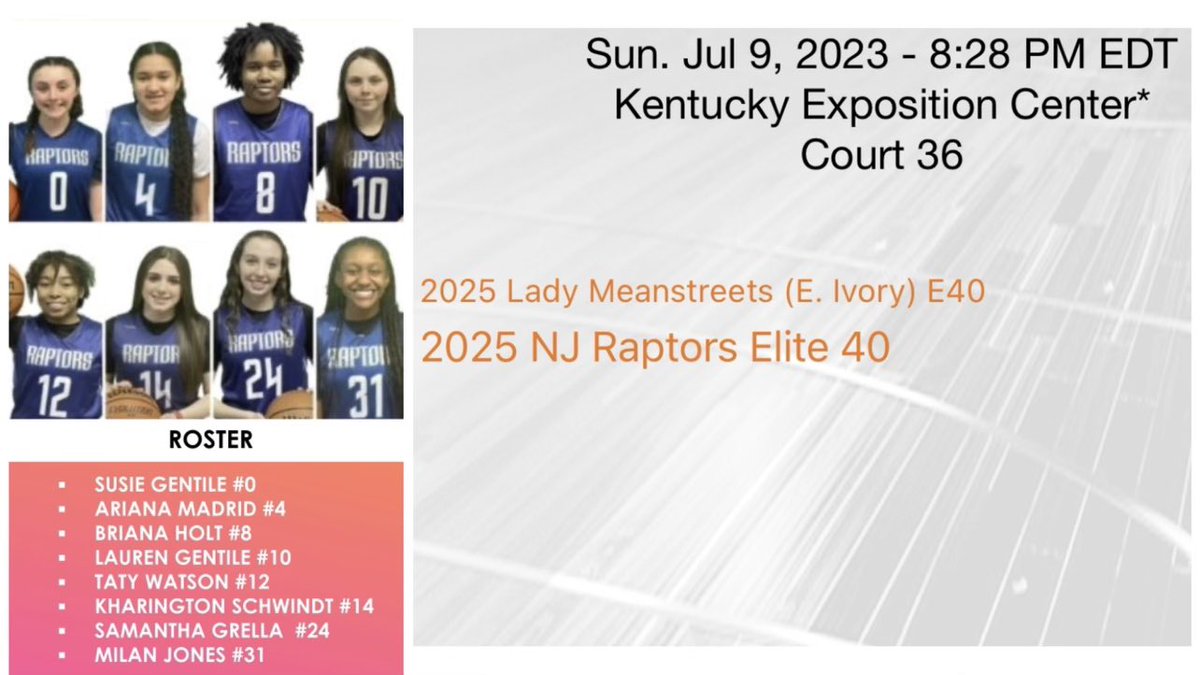 NJ Raptors Basketball (@raptors_nj) on Twitter photo NJ Raptors 16U National E40 back in action at 8:28 PM tonight on court #36. Come check them out!!!
<a href="/GentileSusie/">Susie Gentile</a> <a href="/arianamadridd/">Ariana Madrid</a> <a href="/she_got_next_07/">Briana Holt</a> <a href="/LaurenGentile17/">Lauren Gentile</a> <a href="/Taty_12Watson/">Tatyanna_Watson12</a> <a href="/SchwindtKhary/">Kharington Schwindt</a> <a href="/samanthagrella/">Samantha Grella</a> <a href="/TheMilanJones/">Milan Jones</a> NJ Raptors 16U National E40 back in action at 8:28 PM tonight on court #36. Come check them out!!!
<a href="/GentileSusie/">Susie Gentile</a> <a href="/arianamadridd/">Ariana Madrid</a> <a href="/she_got_next_07/">Briana Holt</a> <a href="/LaurenGentile17/">Lauren Gentile</a> <a href="/Taty_12Watson/">Tatyanna_Watson12</a> <a href="/SchwindtKhary/">Kharington Schwindt</a> <a href="/samanthagrella/">Samantha Grella</a> <a href="/TheMilanJones/">Milan Jones</a>