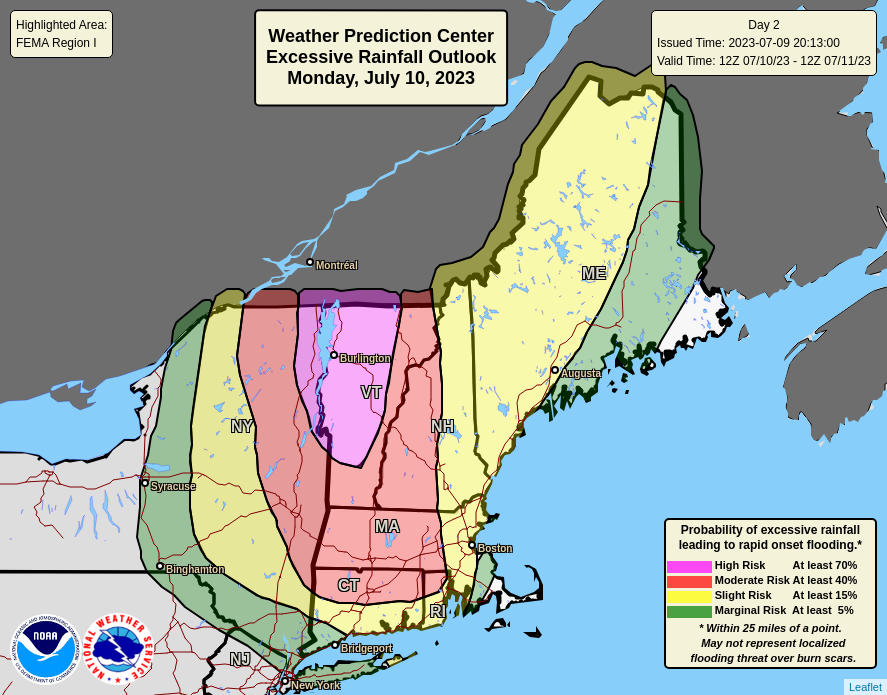 NWS's tweet image. A considerable flood threat with a high risk of excessive rainfall is expected across much of New England on Monday. Organized areas of heavy rain and thunderstorms are expected to produce intense rain rates, especially in the high risk area of Vermont and northeastern New York.