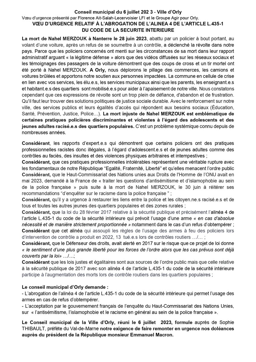 Conseil municipal d'Orly affligeant ! Comme des playmobiles la majorité municipale à dit NON au débat sur les violences policières ! madame la maire, préfère les salons dorées de la République et quemender à Macron des médiateurs supplémentaires ! Quelle honte !