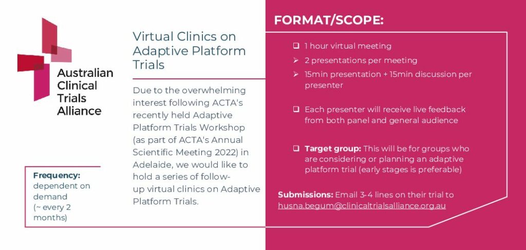 There's still time to register for ACTA's next Adaptive Platform Trial (APT) Virtual Clinic to be held online this Thursday 13th July 2023, 3:00 pm - 4:30 pm AEST. Facilitated by Prof Steve Webb with A/Prof Paul Lee-Archer and A/Prof Elliot presenting. bit.ly/3JIGyEw