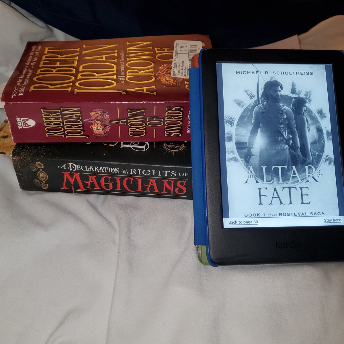 TheLitApotho's tweet photo. This week's reading includes #TheAltarofMyFate by @MR_Schultheiss , #ACrownofSwords by Robert Jordan, #ADeclarationoftheRightsofMagicians by HG Parry and (not picuted) #DeathlessBeast by @AndrewDMth what are you all reading this week? https://t.co/CHRLiiYaQy