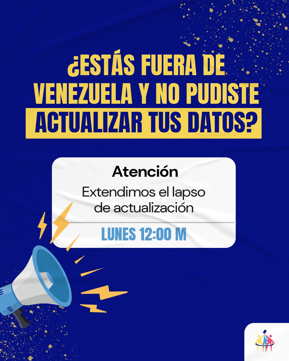 Nuestra aplicación web para venezolanos en el exterior presentó fallas este domingo por alto tráfico. Por eso tendrás oportunidad de actualizar tus datos hasta este lunes a las 12:00 mediodía. 

¡No pierdas la posibilidad de votar el 22 de octubre!