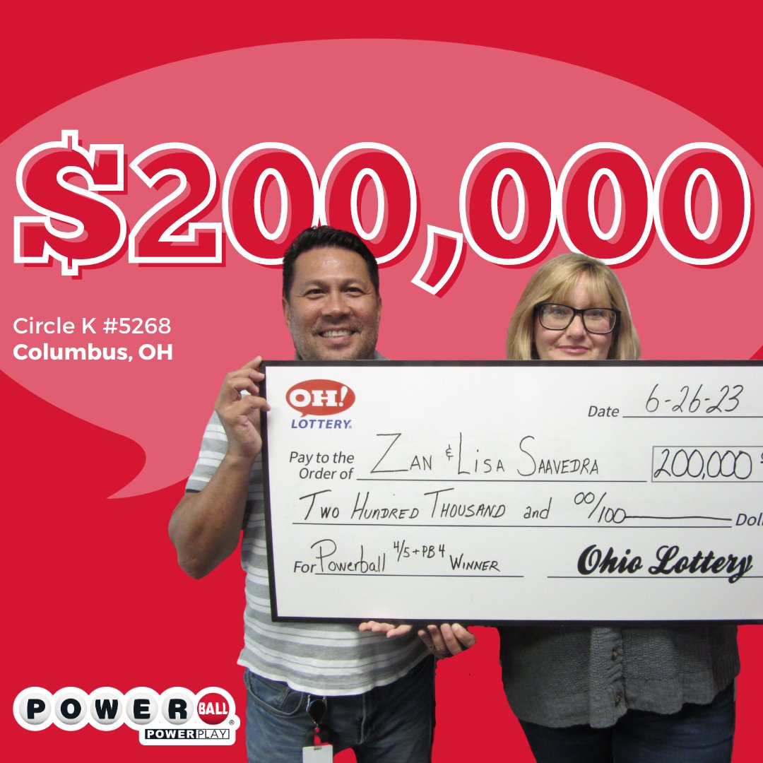 Zan and Lisa won $200,000 playing Powerball on June 26! They picked their numbers to match 4/5 plus the Powerball with a 4X Power Play. They bought the ticket at Circle K #5268 in Columbus. Congrats! #IWontheOHLottery https://t.co/I9VZlPyict