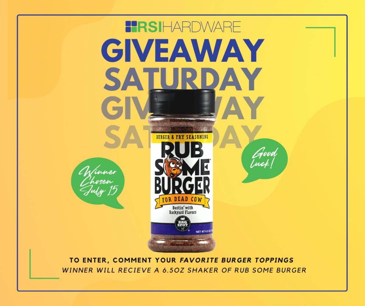 RsiHardware's tweet image. Be sure to comment your favorite burger toppings to be entered to WIN a 6.5oz Shaker of Rub Some Burger from RSI Hardware

Rub Some Burger is the perfect combination of salt and spice to add to steaks, vegetables, chicken and of course hamburgers! 🍔