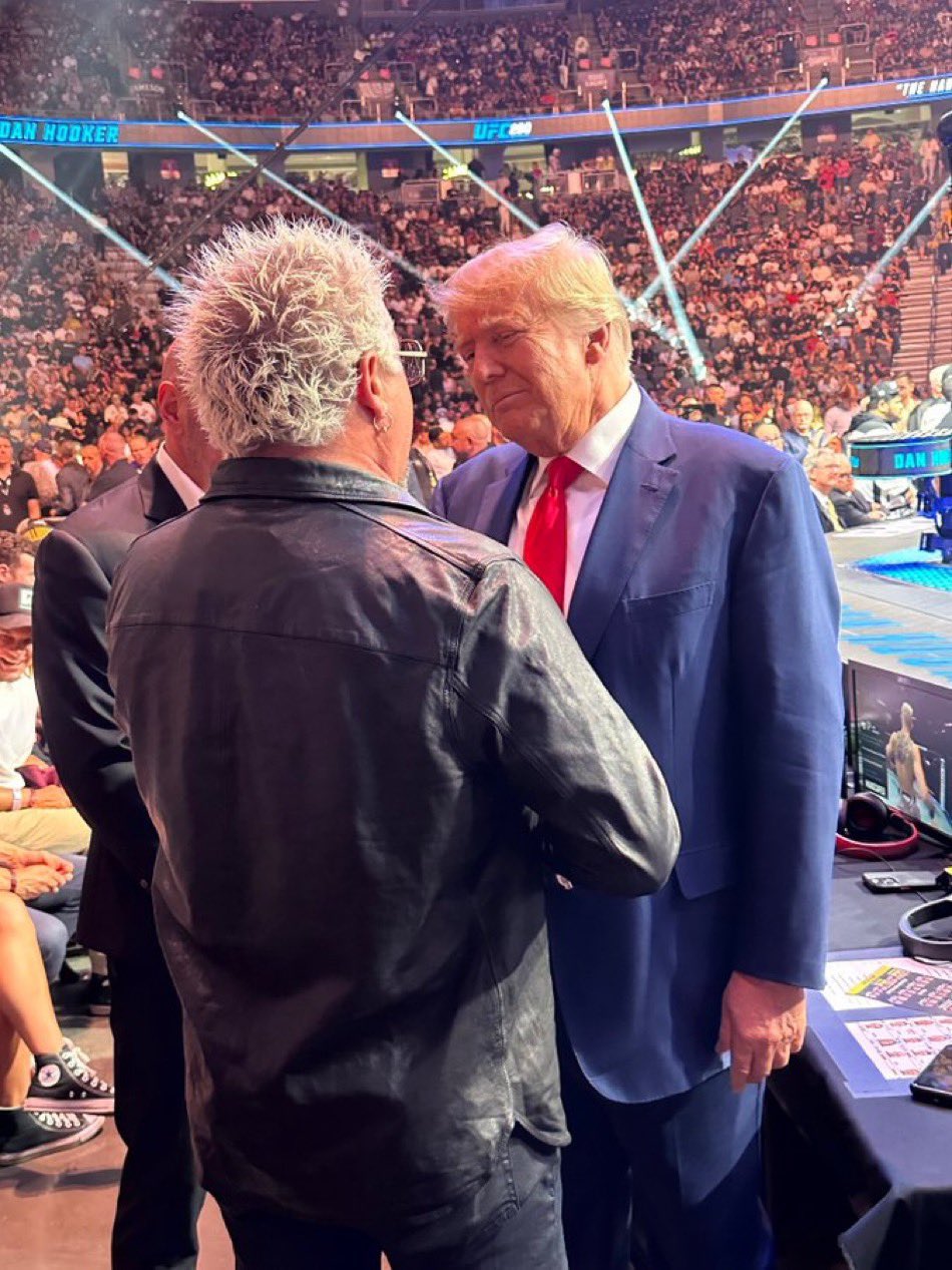 Pop Crave on Twitter: "Guy Fieri greeting criminal defendant Donald Trump  at UFC 290 in Las Vegas. https://t.co/3rdC0Rz9Uj" / Twitter