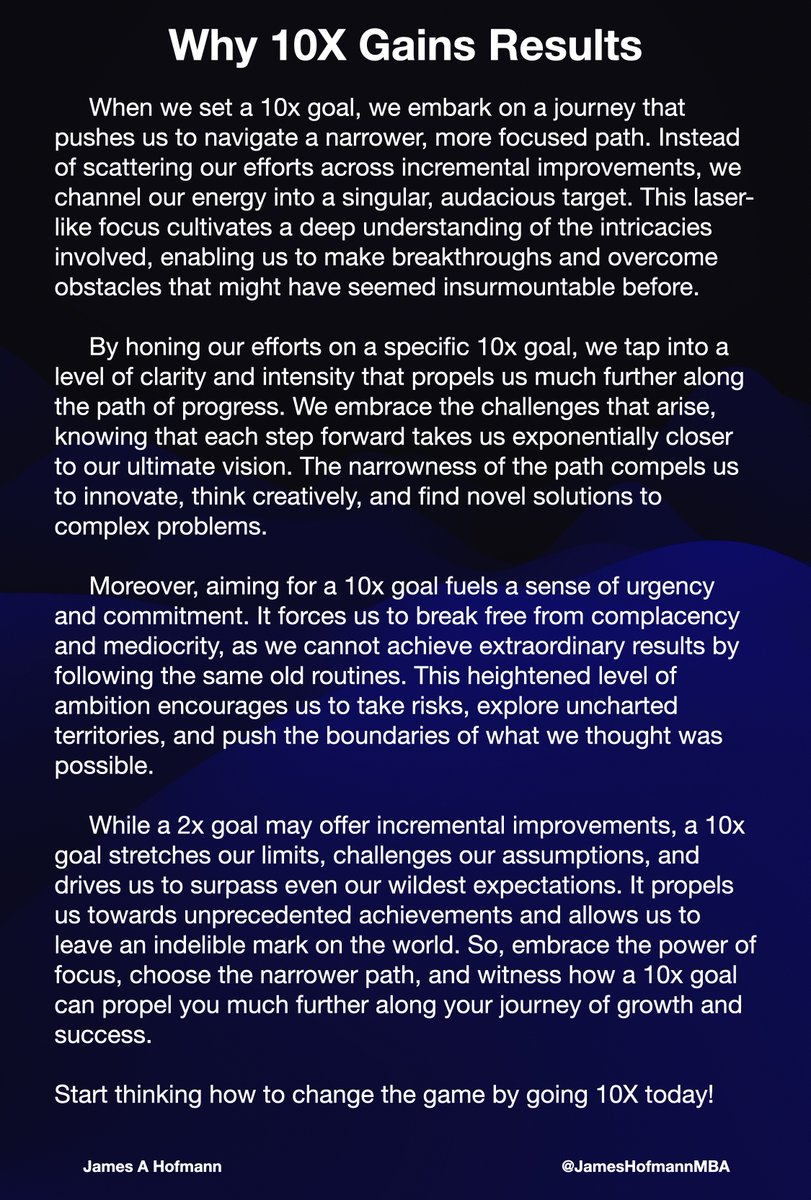 🚀 Unleashing the Power of 10x: Discover how setting audacious goals can propel you to unimaginable heights of success. Learn why embracing the narrower path, leads to exponential gains.   #ExponentialGrowth #SuccessUnleashed