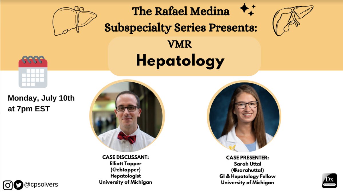 The Clinical Problem Solvers (@cpsolvers) on Twitter photo #MedTwitter, we’re pleased to (de)LIVER you another Specialty VMR, as GI & Hepatology fellow <a href="/SarahUttal/">Sarah Uttal</a> presents a case with expert <a href="/ebtapper/">Elliot Tapper</a>!
We can't wait to see you on Monday July 10 at 7pm EST! bit.ly/31LWIKg #MedTwitter, we’re pleased to (de)LIVER you another Specialty VMR, as GI & Hepatology fellow <a href="/SarahUttal/">Sarah Uttal</a> presents a case with expert <a href="/ebtapper/">Elliot Tapper</a>!
We can't wait to see you on Monday July 10 at 7pm EST! bit.ly/31LWIKg
