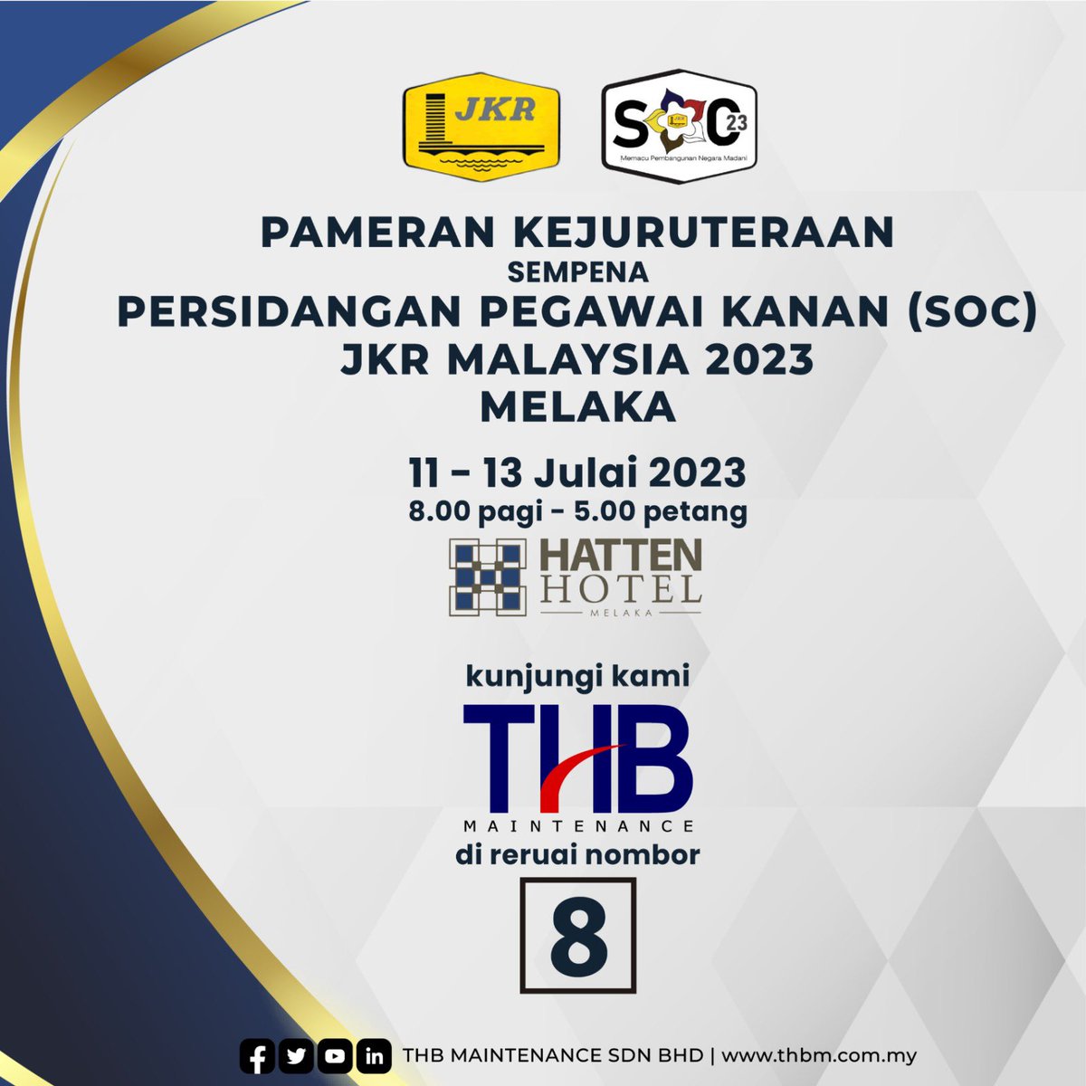 THB Maintenance Sdn Bhd (@thbm_hq) on Twitter photo Persidangan Pegawai Kanan (SOC)
<a href="/IPJKR_Official/">JKR Malaysia Rasmi</a> 2023
11 - 13 Julai 2023
Hatten Hotel, Melaka
kunjungi kami di reruai nombor 8
#THBMHQ
#THBMPerlis
#THBMKedah
#THBMPenang
<a href="/JKRMelaka/">JKR Melaka</a> Persidangan Pegawai Kanan (SOC)
<a href="/IPJKR_Official/">JKR Malaysia Rasmi</a> 2023
11 - 13 Julai 2023
Hatten Hotel, Melaka
kunjungi kami di reruai nombor 8
#THBMHQ
#THBMPerlis
#THBMKedah
#THBMPenang
<a href="/JKRMelaka/">JKR Melaka</a>