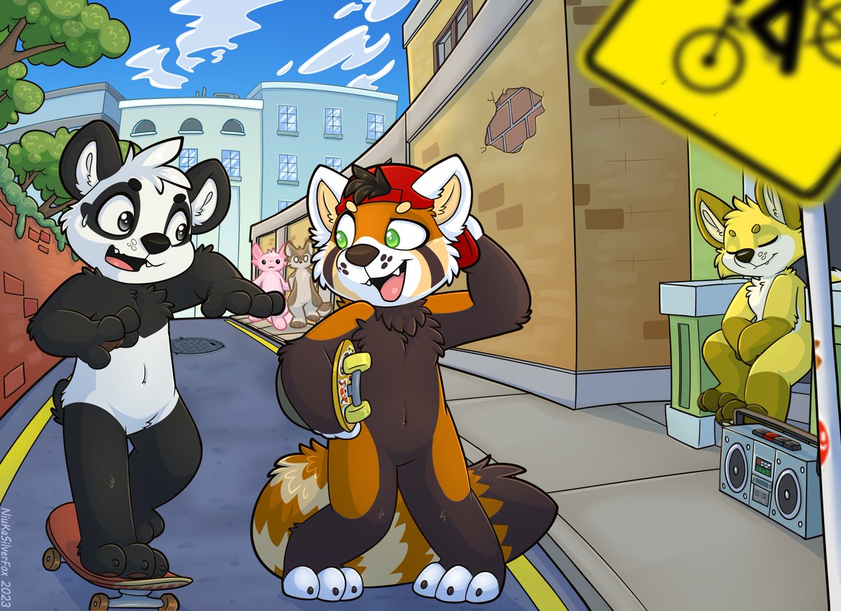 <a href="/Steelical/">Steel</a>  is teaching <a href="/panda_paco/">PacoPanda</a>  to ride a skateboard, watch out panda!! you better do not fall.😱
I tried to set this drawing in the 80's, it's been a long time since I worked on drawings with a background !! it's good to dust off my skills