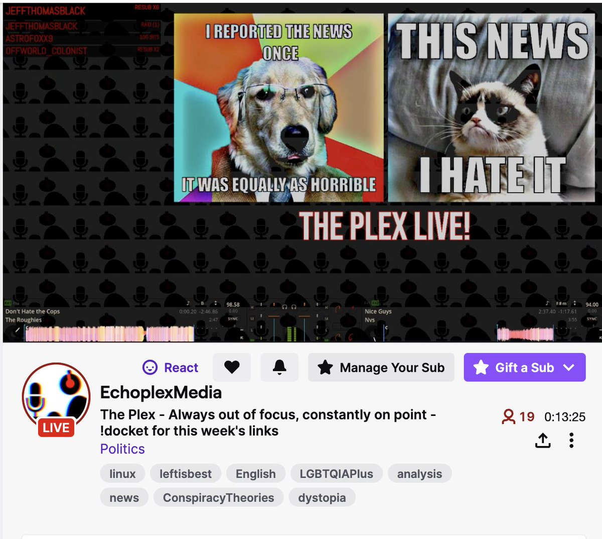 LRBitisnot's tweet image. #ThePlex #Live "The Plex - Always out of focus, constantly on point - !docket for this week's links”

Hosted by @mistahbuhau and recorded live every Sunday @ 7:00 pm PDT, on @EplexM @Twitch. Join the chat and hang out after the show for red light!

🏮twitch.tv/echoplexmedia