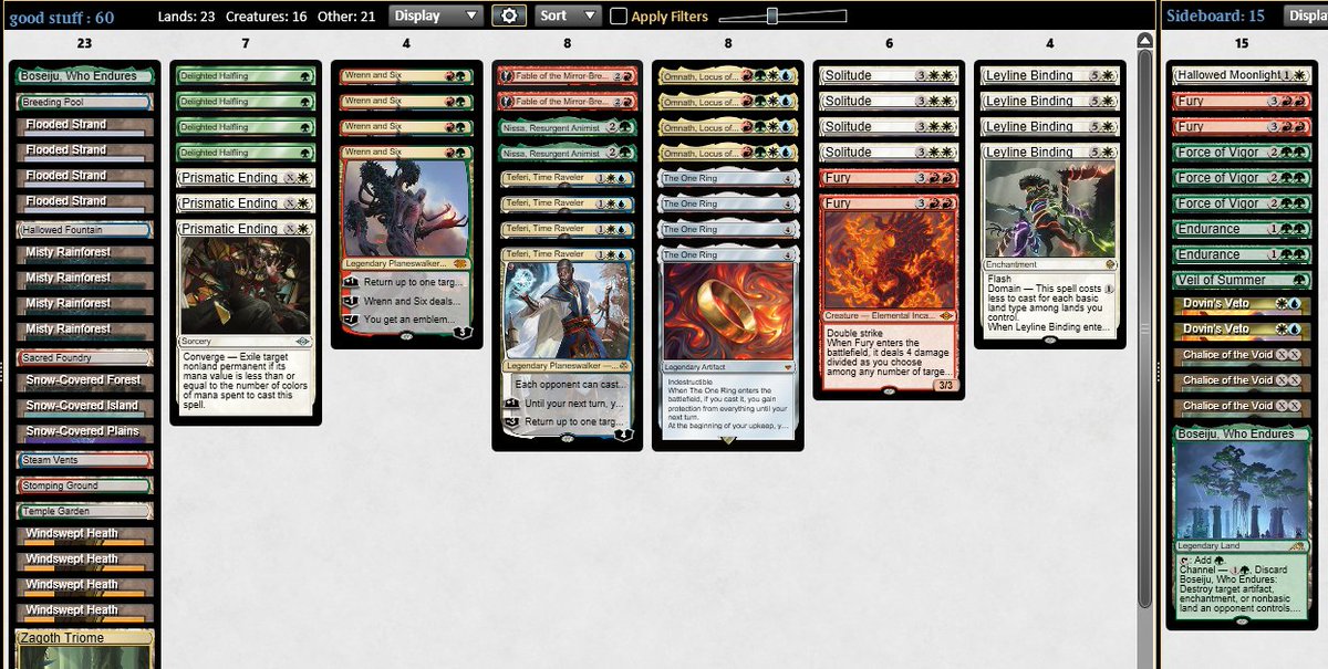 Got a 5-0 with 4c money cards in my first modern league in a while. Deck felt absurd and only dropped 1 game to the mirror. One Ring is very very good! 

Play the mh2 + lotr cards