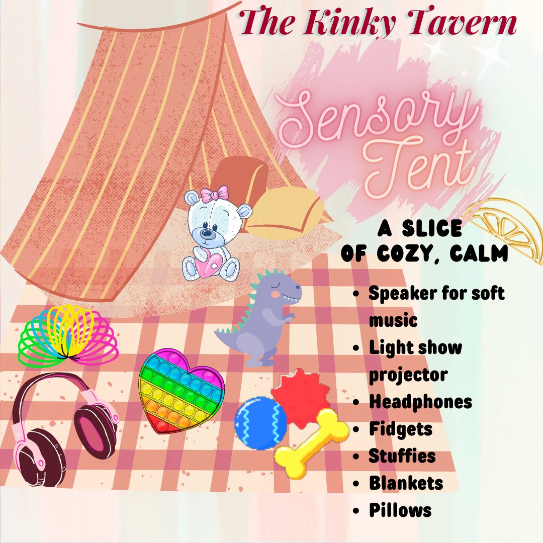 TheKinkyTavern's tweet photo. The Kinky Tavern, hosted by three neurospicy individuals who are passionate about accessibility in kink spaces, is delighted to be sponsoring Southwest Master/slave's sensory tent for 2023! You might be asking, “What is a sensory tent?” or “How does it help?” https://t.co/OwIGUJfB0U