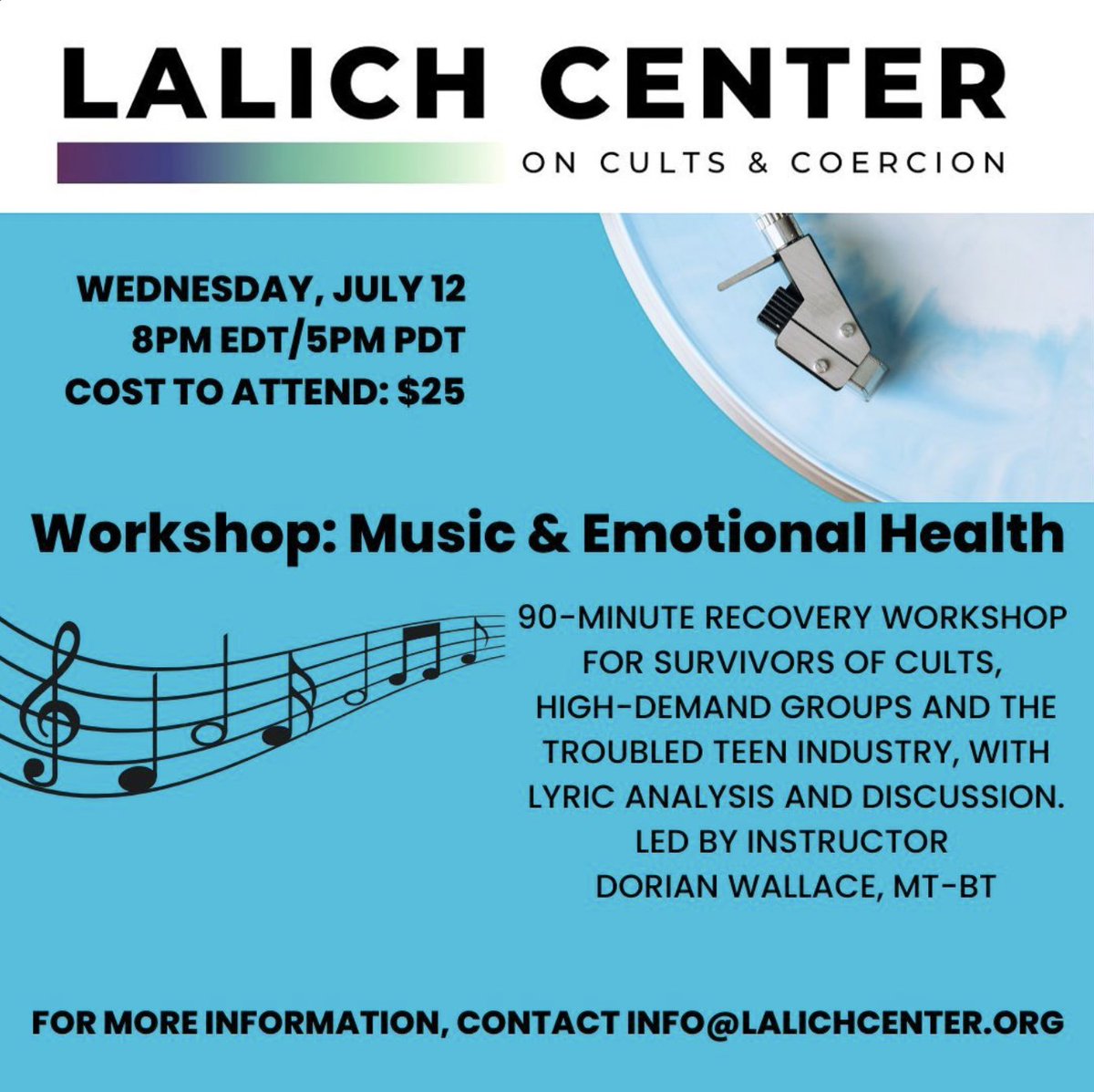 Music therapy workshop for folks traumatized by religious cults. Pass this on to anyone who might benefit. Done by Zoom, so anyone can attend. 
For more details connect here: instagram.com/lalichcenter/
