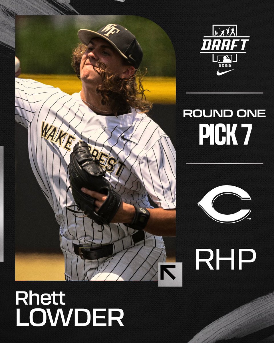 MLB's tweet photo. With the seventh pick in the 2023 #MLBDraft, the @Reds select RHP Rhett Lowder from Wake Forest. https://t.co/Iodn6P5q1C