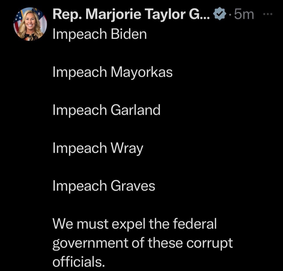 OMG YES @RepMTG! Let's impeach! Impeach Jordan Impeach Gaetz We must expel the federal government of these insurrectionists. Impeach Trump. Impeach Rudy. Impeach all churches who bash LGBT people while grooming kids. Because if we're around throwing 'Impeach' like candy,