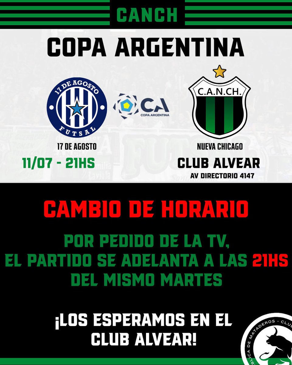 Canchfutsal's tweet photo. CAMBIO DE HORARIO 🕘

⚽El partido por Copa Argentina se adelantó 30 minutos, por lo que será el martes a las 21hs en el Club Alvear.

¡Los esperamos!💚🖤

🎟️Entradas $1000, menores de 14 años NO PAGAN https://t.co/YTIGxbD33d