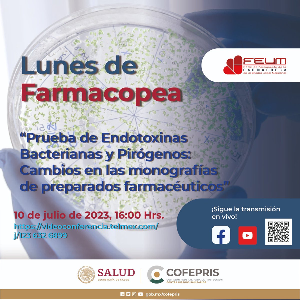 Mañana es #LunesDeFarmacopea! 💊
Recuerden que tenemos una cita, a las 16:00 hrs, para hablar de las “Pruebas de Endotoxinas Bacterias y Pirógenos: Cambios en las monografías de preparados farmacéuticos” conoce la importancia de estas pruebas y lo fundamentales que son.